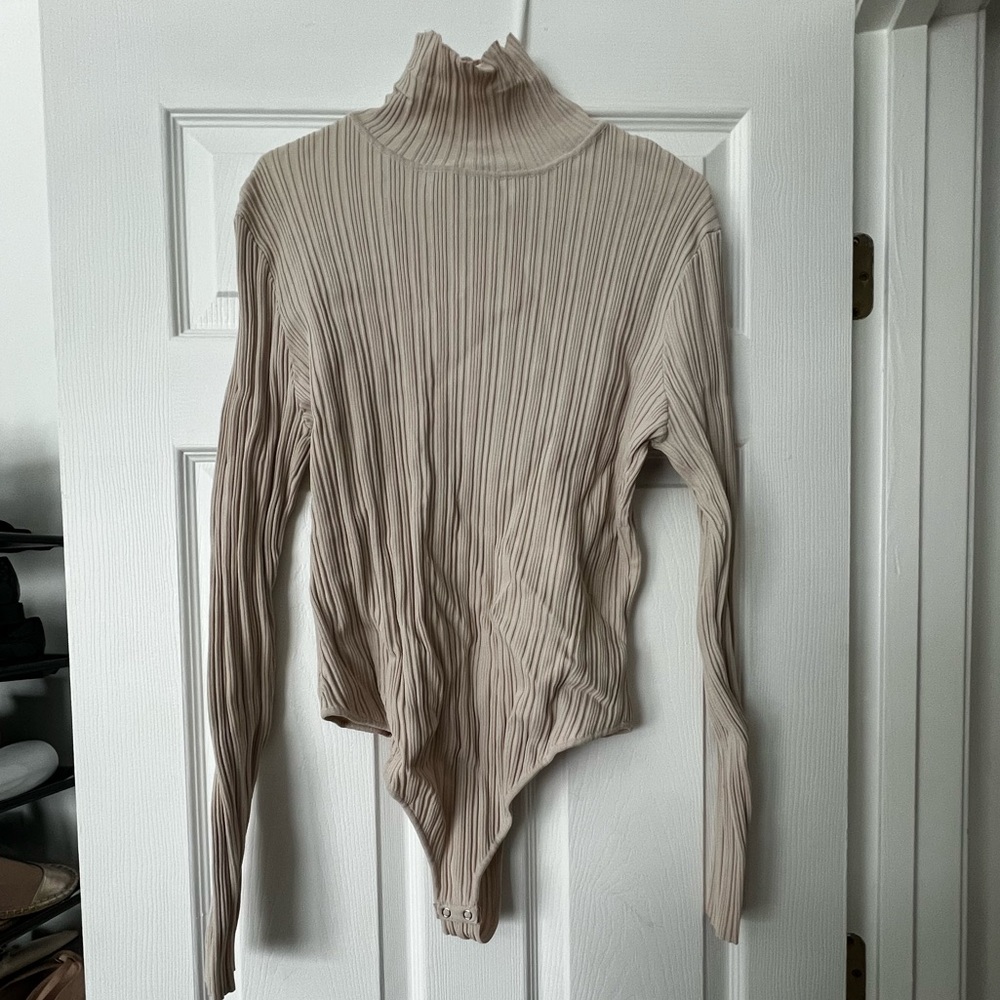 Beige Ribbed Turtleneck Bodysuit